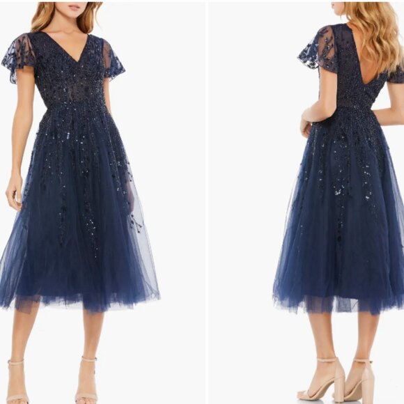 MAC DUGGAL 20304 EMBELLISHED FLUTTER SLEEVE TEA LENGTH MIDNIGHT NAVY DRESS 14 - Picture 1 of 4